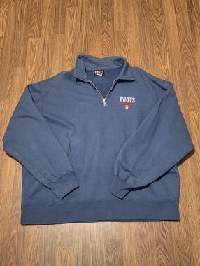 Roots Athletics Men's Quarter-Zip Pullover XXL Blue Spell Out Logo Sweatshirt